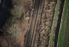 Network Rail's helicopter crew took this images over the weekend of flooding to rail tracks in Wales. Photo: Network Rail Air Operations.