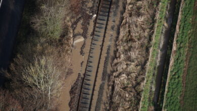 Network Rail's helicopter crew took this images over the weekend of flooding to rail tracks in Wales. Photo: Network Rail Air Operations.