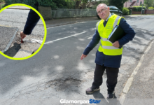 Cllr Malcolm Phillips organised a protest in May to raise awareness of Dinas Powys potholes. Photo: Ted Peskett.