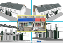 Artist's impression of the proposed new shops with (inset) photo of the former Kitchener & Thomas premises. Images by Loyn and Co Architects. Inset photo via Google Maps.