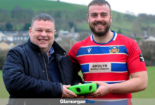 Kontroltek financial director Carl Waters with Pencoed captain Zac Taylor. Photo by Julie Hancock