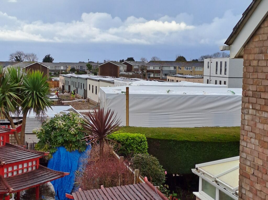 A view of the temporary accommodation units at the former Eagleswell Primary School site from Ann Knight's home. Photo: Ann Knight.