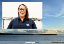 Samantha is a water safety adviser with the RNLI. Photo: Nigel Millard | Background: Geograph ©Alan Hughes.