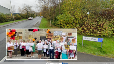 Land near Brynmenyn Industrial Estate where a hydrogen facility could be built; and Hybont protestors outside Bridgend council offices last year. Photos: Google / LDRS.