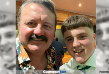 Glamorgan Star newspaper - Ruben Cummings with comedian Mike Bubbins at Barry RFC’s presentation evening.