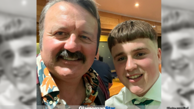 Glamorgan Star newspaper - Ruben Cummings with comedian Mike Bubbins at Barry RFC’s presentation evening.