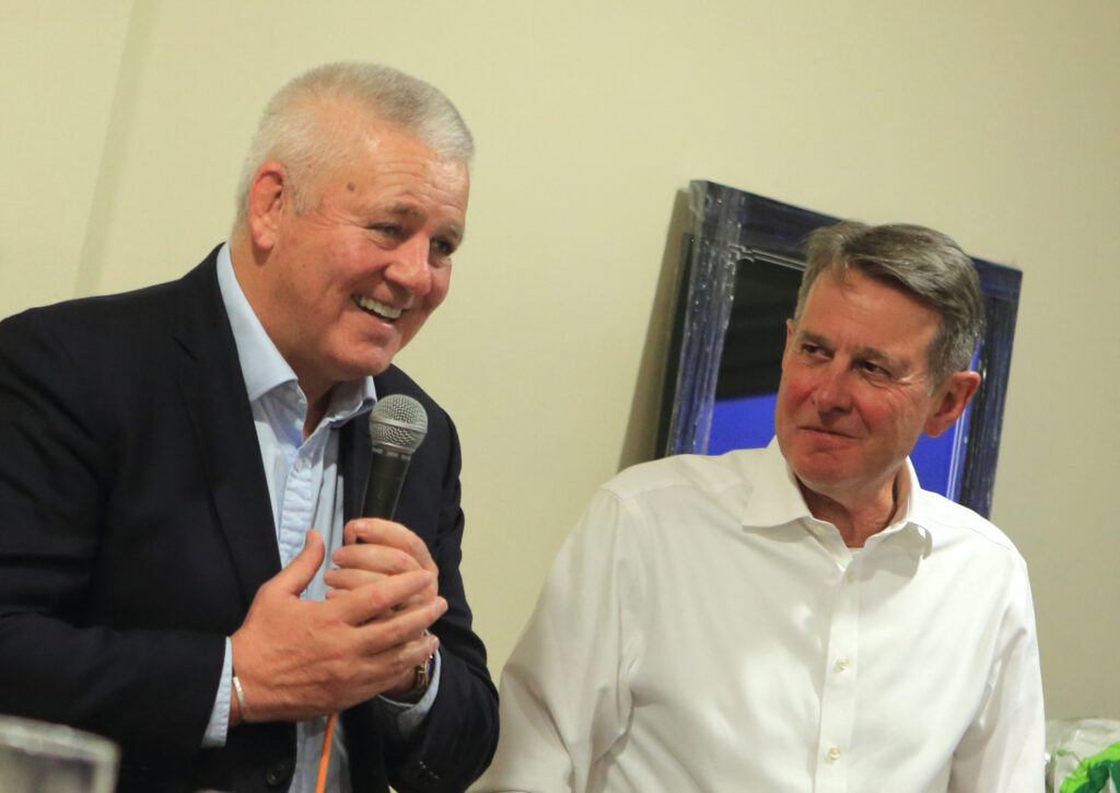 Glamorgan Star newspaper - Warren Gatland and Roger Lewis during a charity Q&A dinner at Cefn Cribwr RFC.