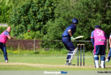 Glamorgan Star news - Rhys Morgan bowling for Pencoed against Dinas Powys. Photo by Julie Hancock.