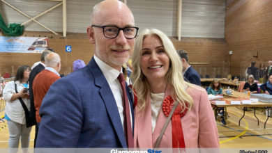 Glamorgan Star news - Stephen Kinnock of Aberafan Maesteg celebrates election victory with his wife. Photo: LDRS.