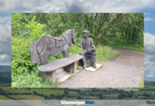 Glamorgan Star news - Wooden sculpture of a miner and pit pony at Parc Slip. Photo by Joy Strangward.
