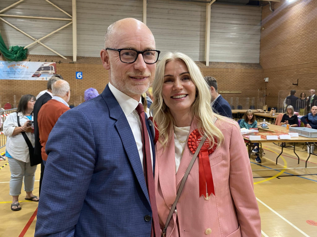 Glamorgan Star news - Stephen Kinnock of Aberafan Maesteg celebrates election victory with his wife. Photo: LDRS.