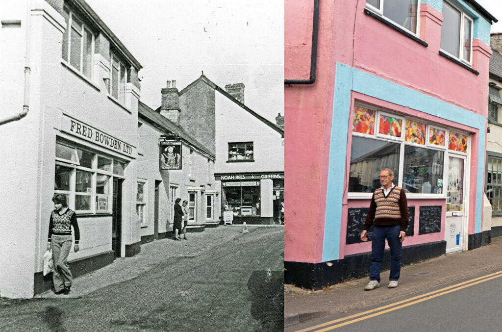 Aubrey Sullivan recreates the 1970 photo, wearing the jumper worn by his late wife in the picture. (Composite photo supplied by Llantwit Major Local History Society).