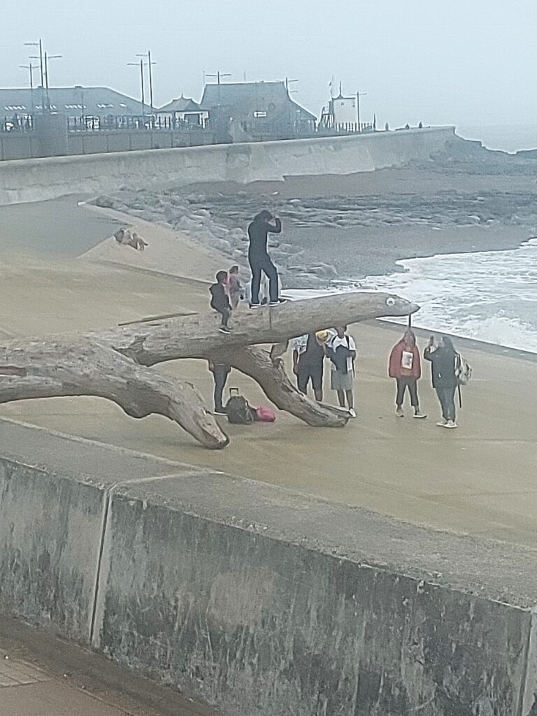 Visitors climbing over Lizzie on Porthcawl Town Beach. Photo by Philip Irwin.