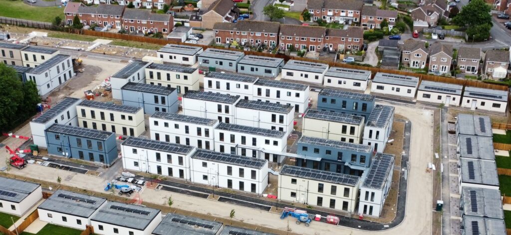 Aerial photographs taken using a drone showing the portable homes on land where Eagleswell Primary School once stood in Llantwit Major under construction. Photo: Max Morgan.