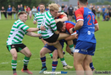 Flynn Baker is stopped in his tracks by the Penarth defence. Photo by Judith Dutton.