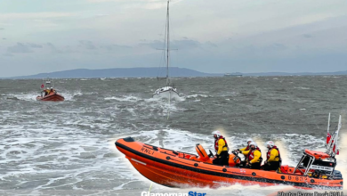 Barry Dock ALB towing the yacht with Porthcawl's lifeboat superinposed. Photo by RNLI/Barry Dock.