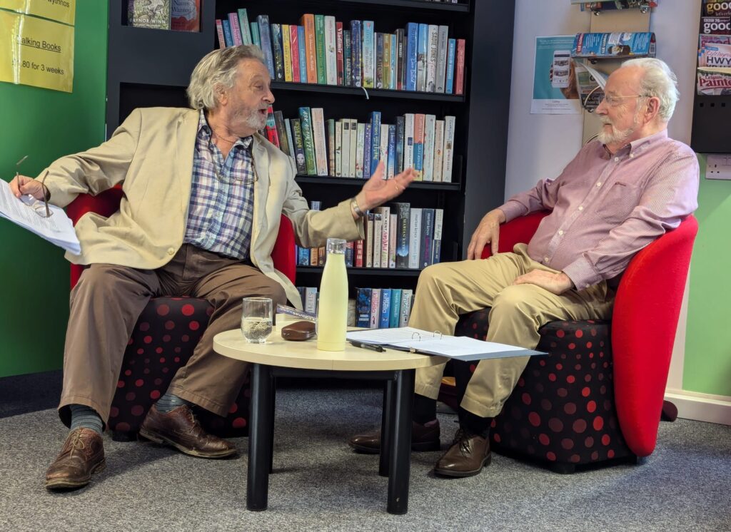 Phil Carradice (left) interviewing Gareth Thomas. Photo by Glyn Evans.