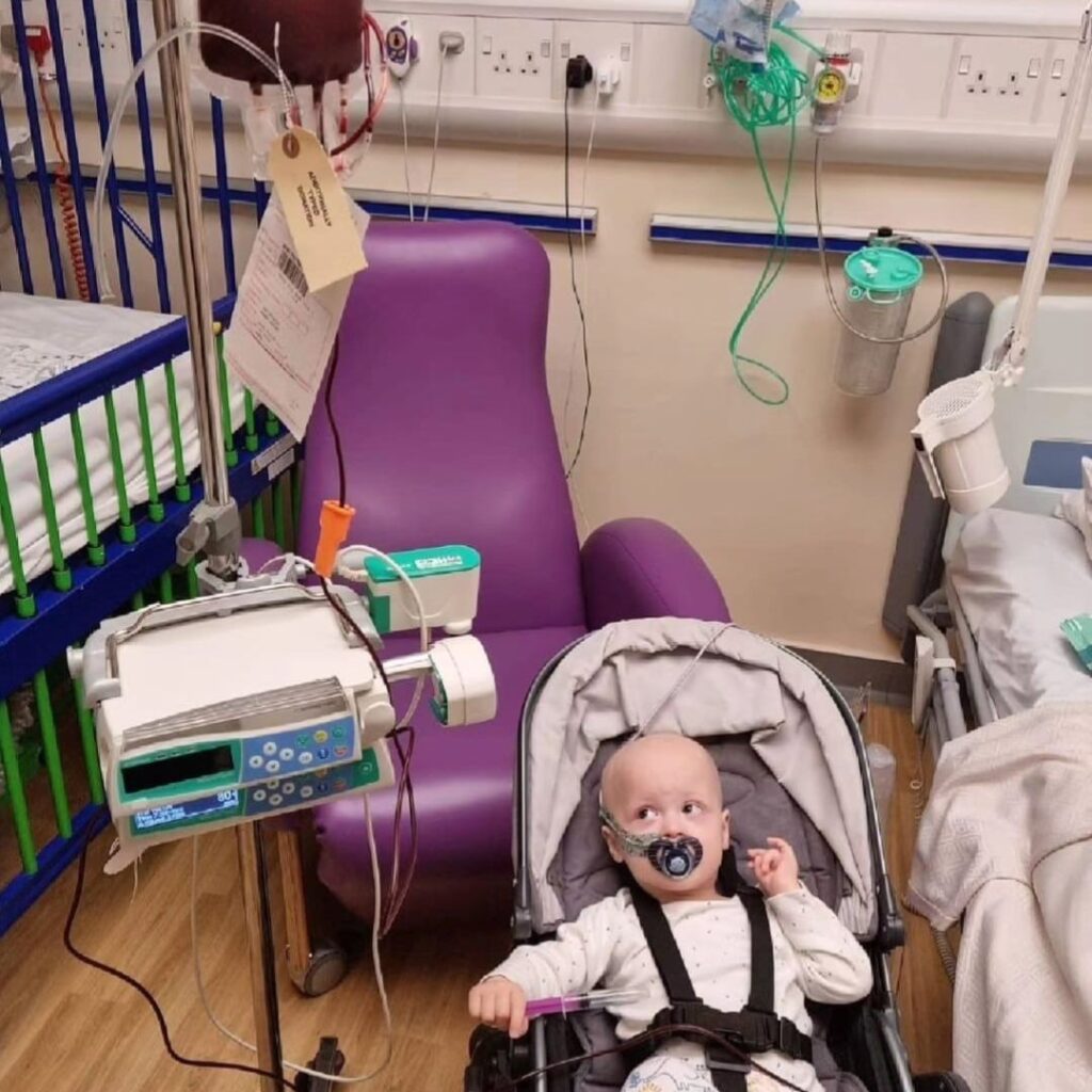 Luca having a blood transfusion at the Noah’s Ark Hospital