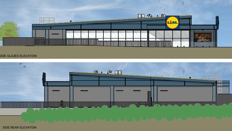 Proposed new front and back elevations of new Lidl store. Image: HTC Architects.