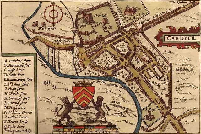 John Speed’s Cardiff map of 1610. St Mary’s Church is bottom right close to the river.