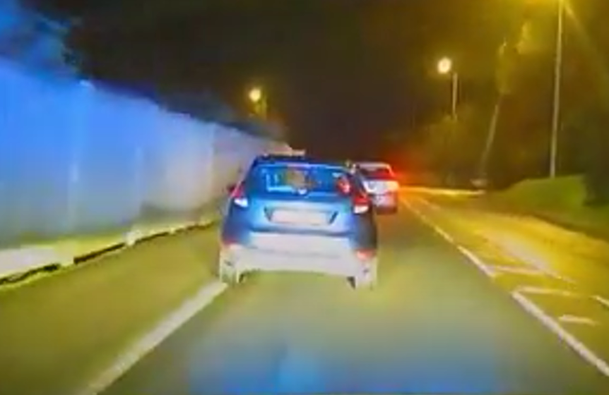 Steven Earls vehicle mounts pavement in Dinas Powys moments before being stopped by police. Image by SWP.