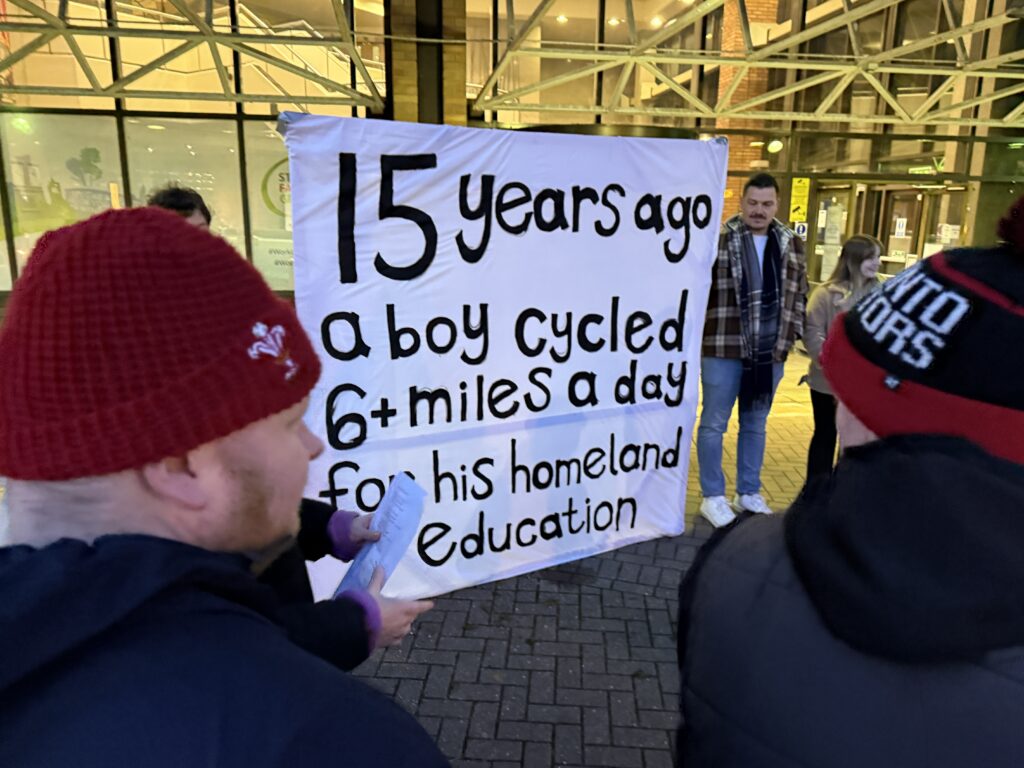 Campaigners calling for a new Welsh medium secondary school in Cardiff gathered again outside County Hall. Photo: Guto Vaughan.