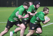 George Strong scoring Barry’s second try, backed up by Jensen Wilding and Sam Thomas. Photo by Judith Dutton.