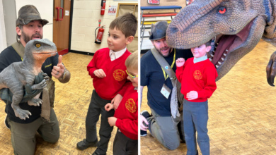 Ranger Chris introduces pupils to dinosaurs.