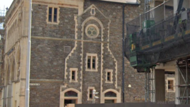 The Prince of Wales brickwork that remembers the historic church. Photo: Google.
