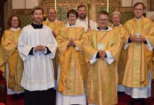 Left to right (back row): Rev Dr Angela Cooper; Fr John Davis; Christoph Aukland; Rev Jude Peters; Rev Duncan Ballard. (Front row): David-Lloyd Jones; Rev Victoria Ashley; Rev Chris Kitching. Photo by Mike Wilcock.