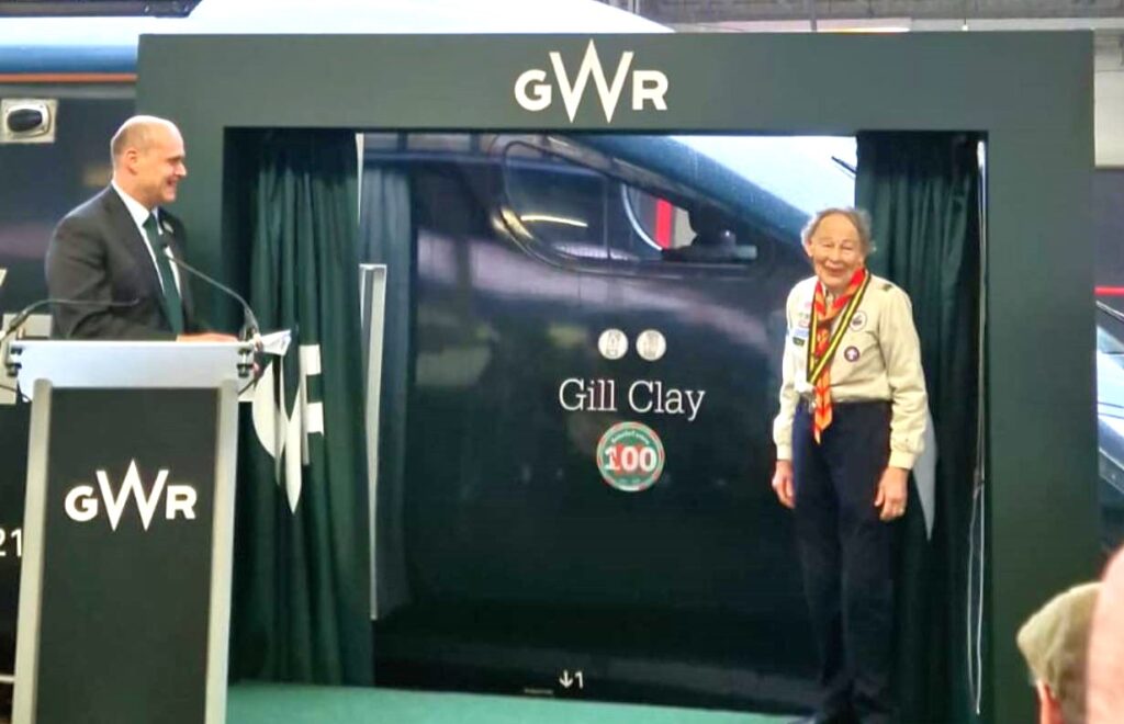 Gill Clay with the GWR train named in her honour.