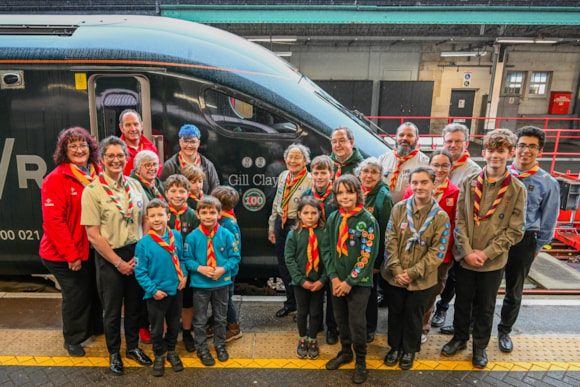 | Cowbridge Scouts join Gill Clay alongside the special train. Photo: GWR.