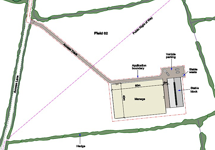 A plan showing where the stables will be and where the public right of way going across the land is located. Image: Vale Council. 