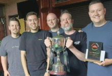 (Left to right): Matthew Laver, Alfie Davies, Steve Parsons (co-founder and secretary of South Wales Snooker) Mauro Zeraschi, and Tom Vedmore.