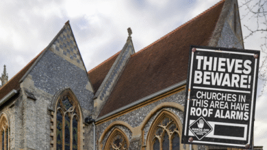 Church and warning sign.