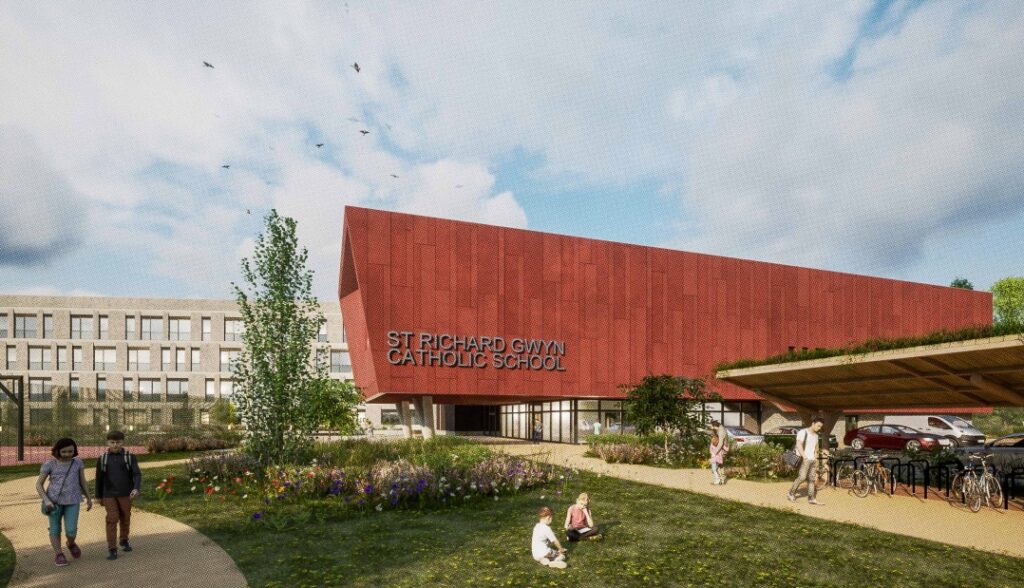Caption – An artist’s impression showing what the new Sir Richard Gwyn Catholic High School could look like. Image by HLM Architects.
