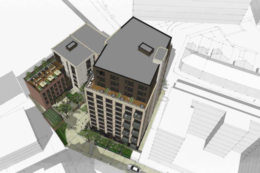 Aerial impression of apartment blocks. Image: CW Architects.