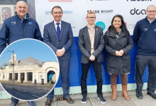Pictured (left to right): Jamie Costain (Andrew Scott Ltd); Cllr John Spanswick (BCBC leader); Richard Hughes (Awen); Cllr Neelo Farr and Sam Bain (Andrew Scott Ltd).