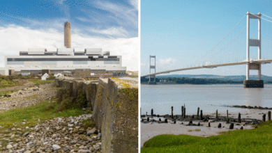 Past image of Aberthaw power plant, and the Severn Bridge. Images: Abobe.