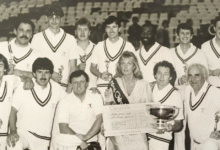 The team celebrating their win in 1985.