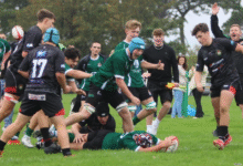 Max O’Sullivan crashes over for Barry’s sixth try. Photo: Judith Dutton.