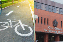Cycle path and Vale of Glamorgan Council's Civic Offices. Images: Adobe and Glamorgan Star newspaper.