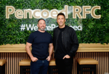 Former British Lions Gavin Henson and Gareth Cooper (left). Photo: Julie Hancock.