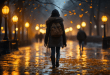 Child walking in dark on a rainy day. Image: Adobe.