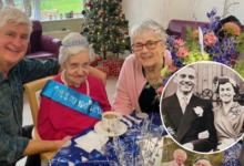 Margaret with nephew Martyn and his wife Janet. Inset, Margaret and her late husband John on their wedding day.
