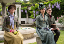 Ella Bruccaleri, Indira Varma and Richard Coyle filming in Dyffryn Gardens.