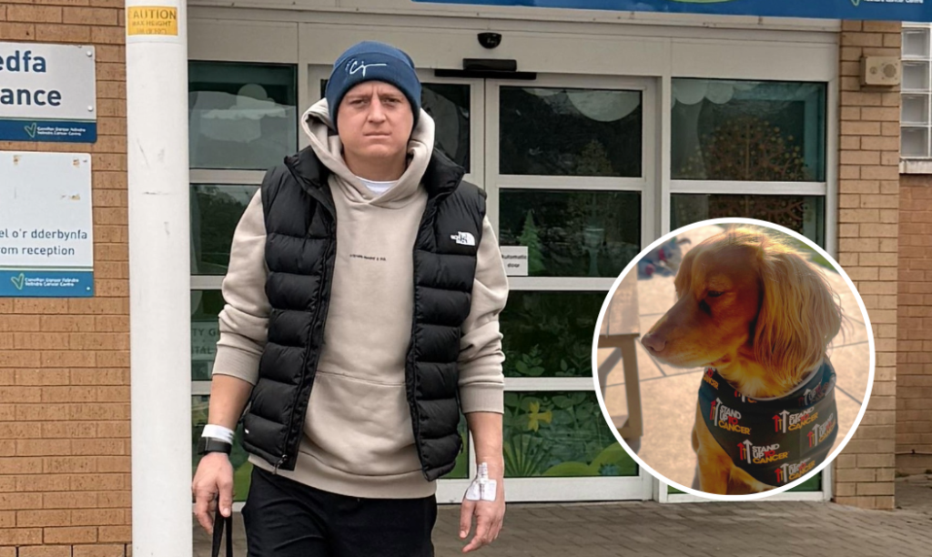 Elliot Richards and Cody outside Velindre Hospital.