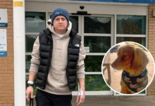 Elliot Richards and Cody outside Velindre Hospital.