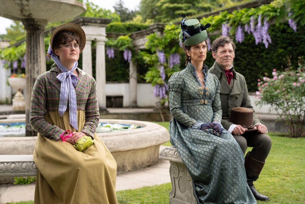 Ella Bruccaleri, Indira Varma and Richard Coyle filming in Dyffryn Gardens. Photo by BBC.