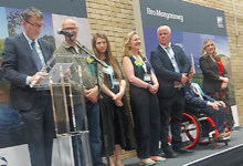 (Left to right): Returning officer Rob Thomas; Mark Hooper; Sarah Cooper- Lesadd; Sarah Rees; Andrew RT Davies; Gareth Thomas; Sarah Murphy.